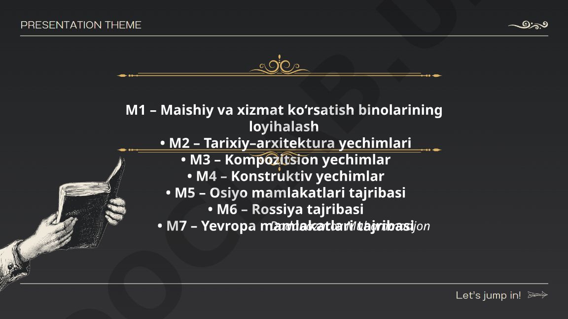 Maishiy va xizmat ko'rsatish binolarining loyihalash va arxitektura yechimlari