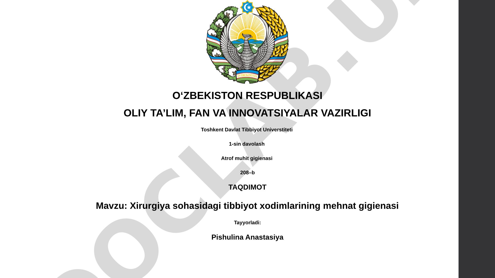 Xirurgiya sohasidagi tibbiyot xodimlarining mehnat gigienasi